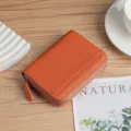 Genuine leather orange accordion card holder zip wallet with lychee pattern texture - Orange