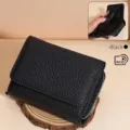 Portefeuille noir en cuir à trois volets avec protection RFID et porte-monnaie féminin. - Noir