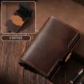 Retro crazy horse leather RFID blocking pop-up card holder for men in coffee brown - Coffee