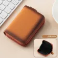 Tarjetero de cuero genuino marrón vintage con bloqueo RFID y cremallera de seguridad - Marrón