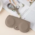 Portable taupe genuine leather sunglasses pouch with wrist strap and gold snap - Khaki