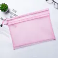 Pink double-layer nylon mesh file bag with zipper closure for student exam papers - Pink