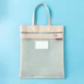 Large beige double-layer mesh file bag with handle for students and office use - Khaki