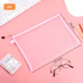 Pink A4 mesh nylon document bag with zipper for school supplies and office storage - A4 Large / Pink