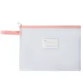 Grote witte mesh documententas met roze rits en transparant vak voor indexkaarten - A4-Label-Pink