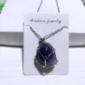 Natural purple amethyst crystal pendant necklace with silver metal mesh wire wrap design - Amethyst / Net Pocket Necklace
