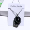 Natural black stone pendant necklace in silver-toned metal mesh cage jewelry for women - Obsidian / Net Pocket Necklace