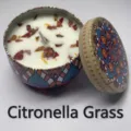 Handmade lemongrass soy wax candle with dried flower petals in a colorful mandala pattern tin - 7x5cm / Large Size (Citronella)