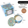 Vela aromática de cera vegetal con diseño mandala azul y caja de regalo - Bosque de Cedros (Sin Flores Secas) / 6x4cm (Lata Individual)