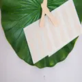 Detail view of 8-shaped wooden ice cream sticks in eco-friendly packaging on leaf - Ice Cream Spoon (006) / Wrapped 75*15mm 10000 Pieces