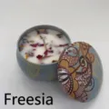 Freesia scented soy wax candle in decorative floral metal tin with dried flower petals - 6x4cm / Small Size (English Pear & Freesia)