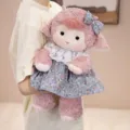 Cute pink plush lamb doll wearing a floral print dress with a lace collar detail - 20cm / Pink