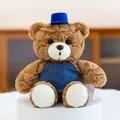 Orsetto di peluche color cioccolato con cappello blu e grembiule di jeans, morbido gioco. - 15cm / Gonna a Portafoglio Blu