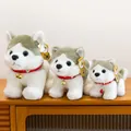 Three cute husky plush toys in different sizes with red collars and bells on wood. - Sitting Husky Style / 21cm