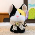 Cute calico plush kitten keychain with lace bow and yellow flower detail - Black Cat / 15cm