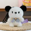 Adorable white plush puppy keychain with black ears and blue polka dot bow detail - Sitting Posture / Sitting Puppy