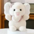 Cute cream cartoon elephant plush toy with a pink checkered bib sitting on a white base - 23cm / Elephant / Scarf Elephant-Pink