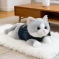 Gato de peluche realista gris y blanco con un suéter de punto azul marino - 30cm / Gris