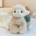 Soft and cute curly lamb plush toy with off-white fur and a decorative green bear tag - 17cm / Light Coffee