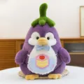 Cute purple penguin plush toy wearing an eggplant hat and a cake pattern apron - Cake / 25cm