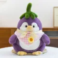 Adorable purple eggplant penguin plush toy wearing a pink gingham bib on table - Spring Style / 25cm