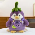 Cute purple penguin plush toy wearing eggplant corduroy overalls and green stem hat - Blueberry Style / 25cm