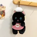 Simpatico portachiavi in peluche gatto nero con grembiule a righe e cappello da cuoco - Gatto / Nero