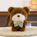 Adorable brown plush bear toy keychain featuring a green polka dot bow tie and lace - Sitting Posture / Sitting Brown Bear