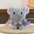 Cute grey mouse plush doll keychain with pink polka dot bow pendant for backpack charm - Sitting Mouse