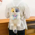 Süßer Plüschrucksack in Form einer dreifarbigen Katze mit blauer Schleife. - Grauer Rucksack / 30cm Packung