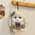 Simpatico portachiavi a forma di coniglio di peluche beige con vestito a quadri e fiocco - Coniglio di latte / Beige