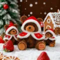 Set of Christmas teddy bear plush toys wearing red capes in a festive snowy scene - Brown / 25cm
