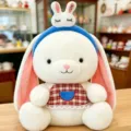 Adorabile peluche di coniglio bianco con fascia blu e grembiule a quadretti - Fermagli per capelli a coniglietto / 35cm