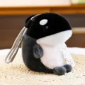 Cute fluffy orca plush keychain with gray strap and soft black white fur for bags - Black Orca / 16cm