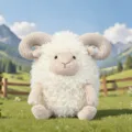 Soft plush curly sheep toy with large ram horns sitting on a green meadow background - White / 30 cm
