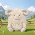 Soft and curly white plush ram doll with textured tan horns sitting in a green meadow - Brown / 30 cm