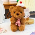 Adorable brown teddy bear plush keychain with a striped bow tie and red pom-pom hat - Bear with Bowtie / 16cm