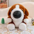 Cute brown and white plush puppy with a big head and black nose on a white lace cloth - Beagle Dog / 15cm
