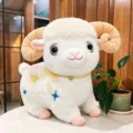 Cute plush sheep stuffed toy with big horns bell and star embroidery for kids birthday gift - 25cm / Blue Star Sheep