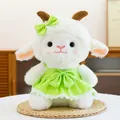 Adorable white plush lamb doll wearing a lime green princess dress with bow details - Green Sheep