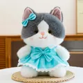 Adorable grey and white cat plush doll wearing a light blue princess dress with lace - Blue Small Cat