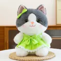 Adorable white and grey plush cat doll wearing a vibrant green lace princess dress with bows - Green Cat