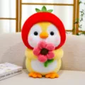 Cute penguin plush toy wearing a strawberry hood and holding a pink flower accessory - Penguin Holding Flower / 20cm / Yellow