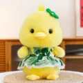 Cute yellow duck plush toy doll wearing a green floral dress and a matching bow tie - 22cm / Yellow