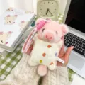 Cute pink plush pig keychain charm holding a polka dot pillow for backpack decoration - 18cm (With Lanyard) / Pig