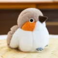 Niedliches realistisches flauschiges Vogel-Plüschtier mit orangefarbener Brust auf Weidenmatte - Grauer Fink Stil / 11cm