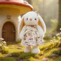 Adorable white plush bunny stuffed toy wearing a floral patterned cream dress in garden - 35cm / White Skirt
