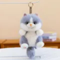 Adorable and fluffy grey and white long-haired cat plush keychain toy with gold ring - 16cm / Gray