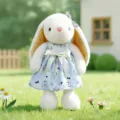 Cute white plush bunny toy wearing a light blue bear-patterned dress and white ribbon. - 35cm / Blue Dress