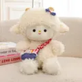 Cute cream white plush sheep doll with a red checkered bag and blue bow. - Sheep with Bag / 25cm / White